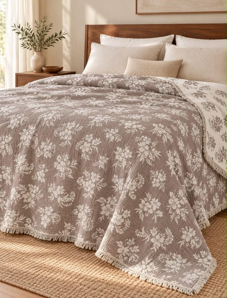 Larin Eva Home Müslin Yatak Örtüsü - %100 Pamuklu Muslin Pike Yatak Örtüsü Çift Kişilik- 4 Kat Müslin